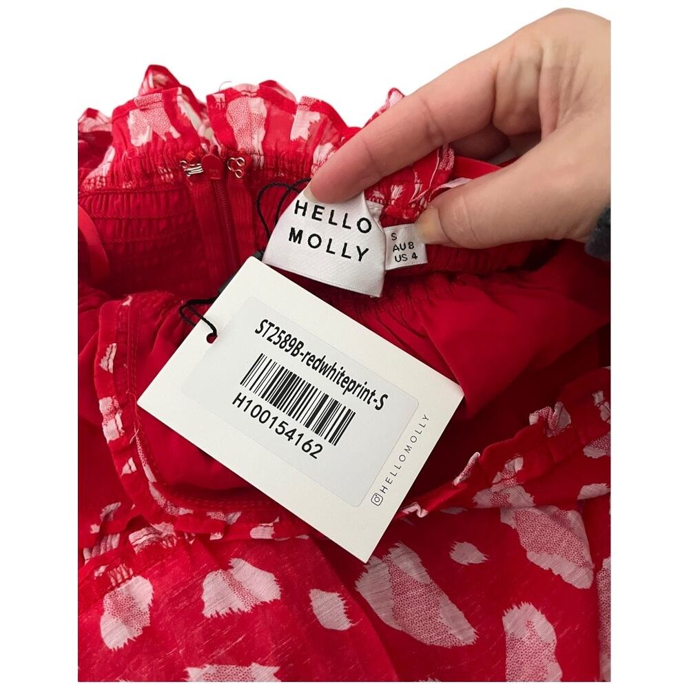 Hello Molly On The Ground red pink printed v-neck mini dress ruffle small 4 NWT - Picture 8 of 8